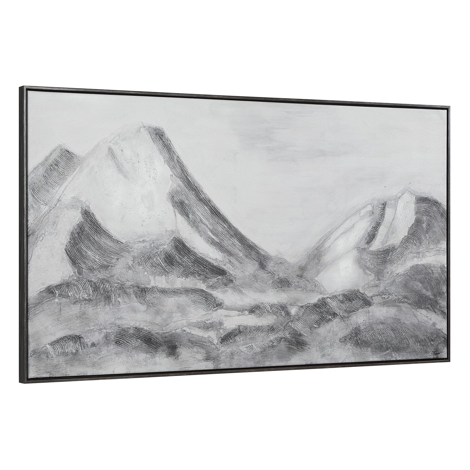 Romi canvas art featuring abstract mountain landscape in grayscale tones, framed.