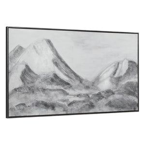 Romi canvas art depicting a monochromatic mountain scene with textured brush strokes, framed.