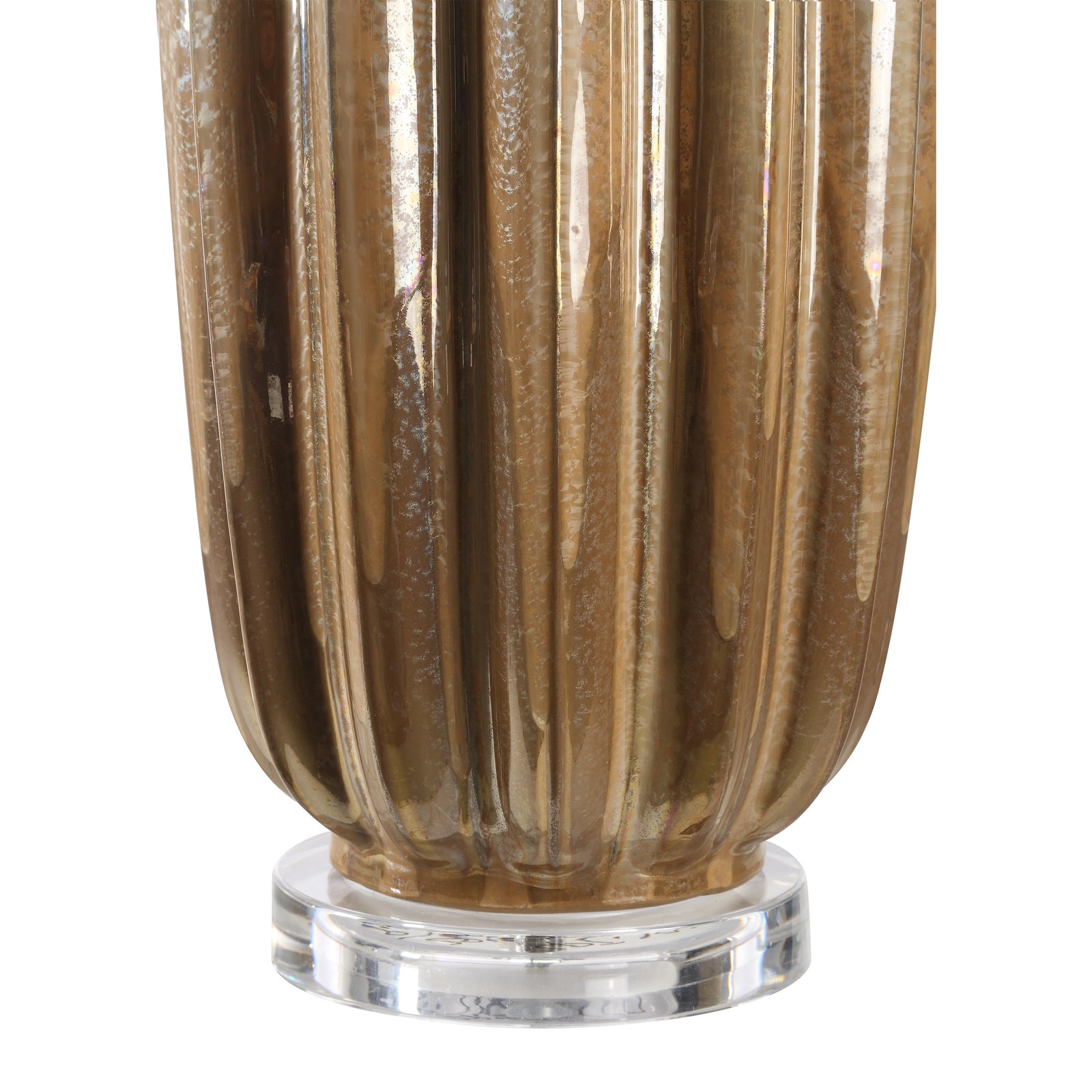 Lumeo table lamp with a ribbed glass base in brown and a white fabric shade.