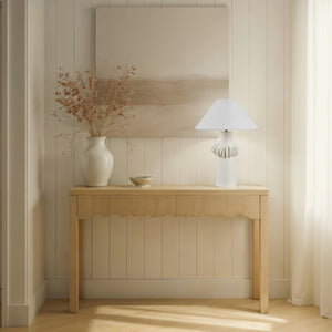Disla Table Lamp on a wooden console table with a vase and decorative bowl