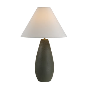 Olso Table Lamp illuminated with a soft glow, featuring a dark green base and white shade
