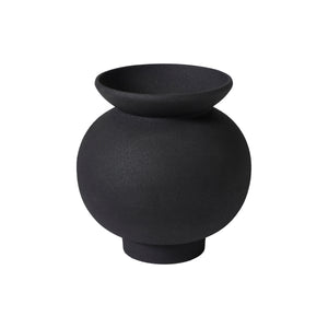 Cadiz vase by Renwil, round black ceramic vase with a wide lip and textured finish.
