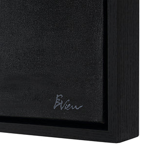 Suez canvas art featuring a textured black surface with a black wooden frame and signature detail.