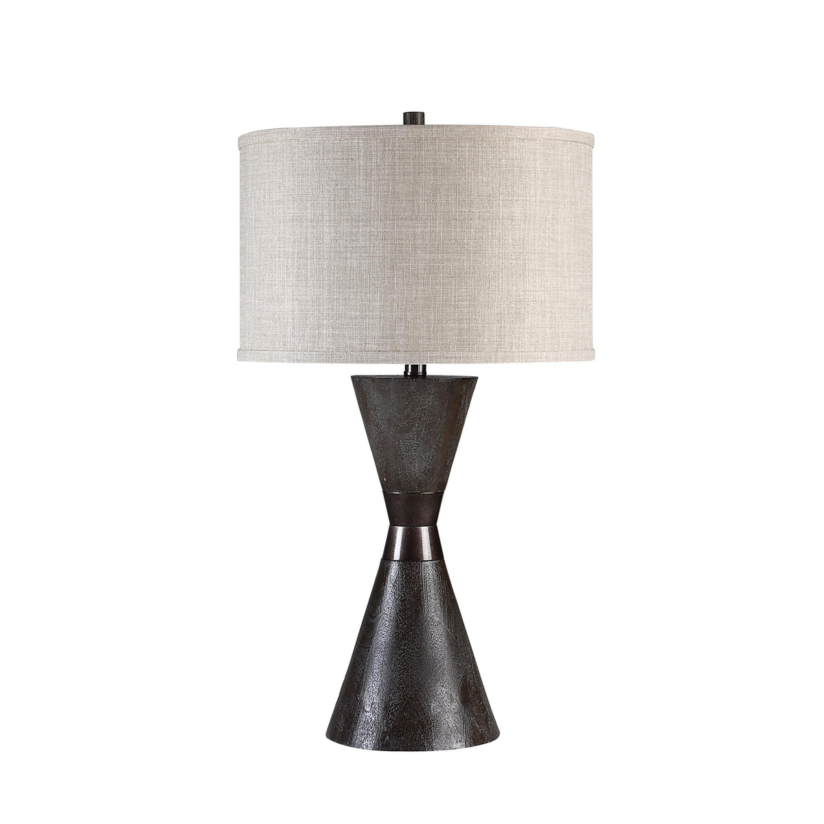 Vyara table lamp with a textured dark base and beige fabric shade