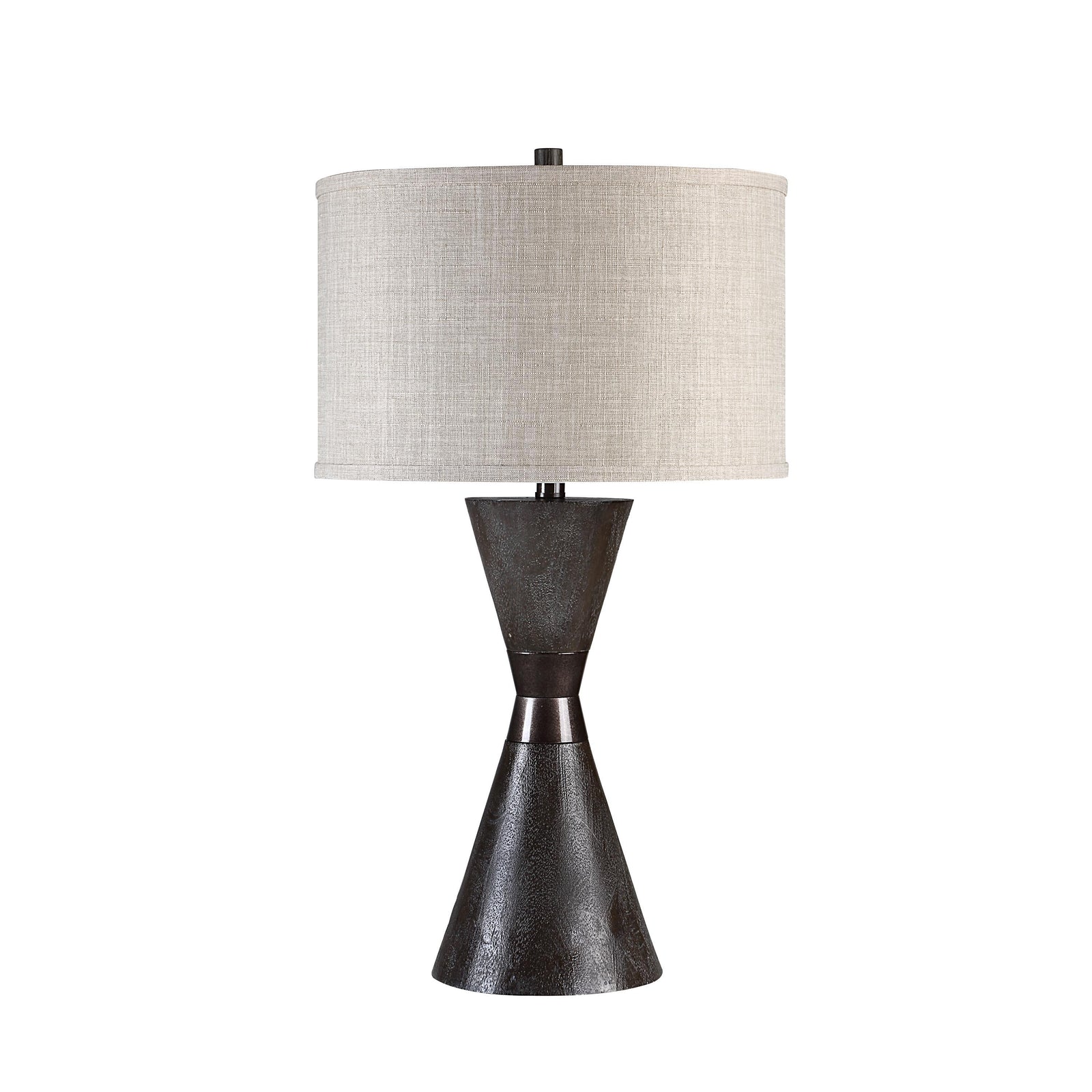 Vyara table lamp with a textured dark base and beige fabric shade