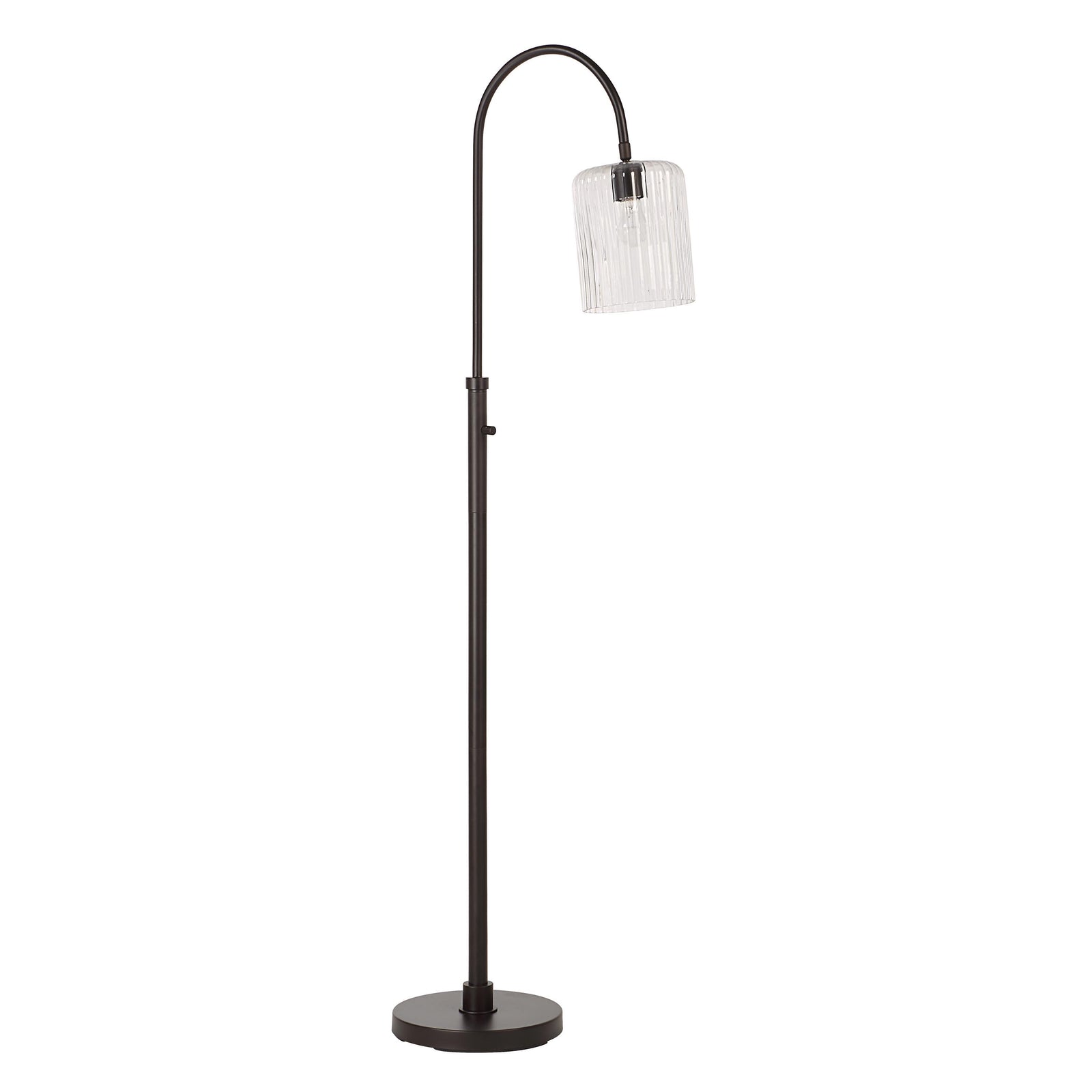 Danae floor lamp with a curved arm and clear ribbed glass shade, black metal base.