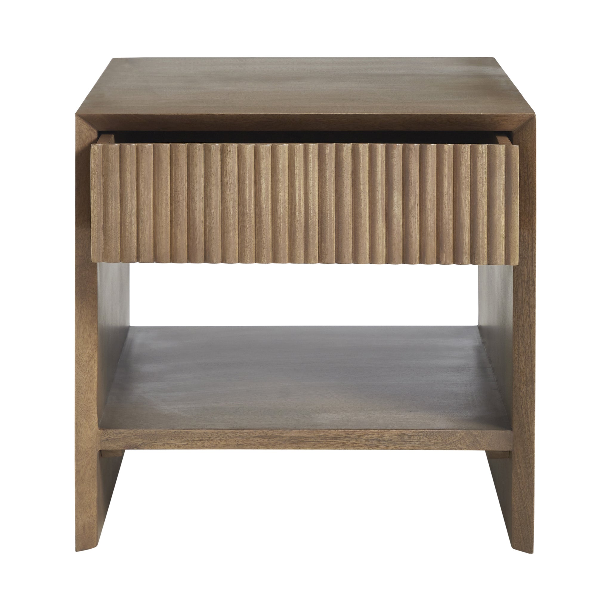 Jaime side table showcasing a textured drawer and open shelf, made of light wood.