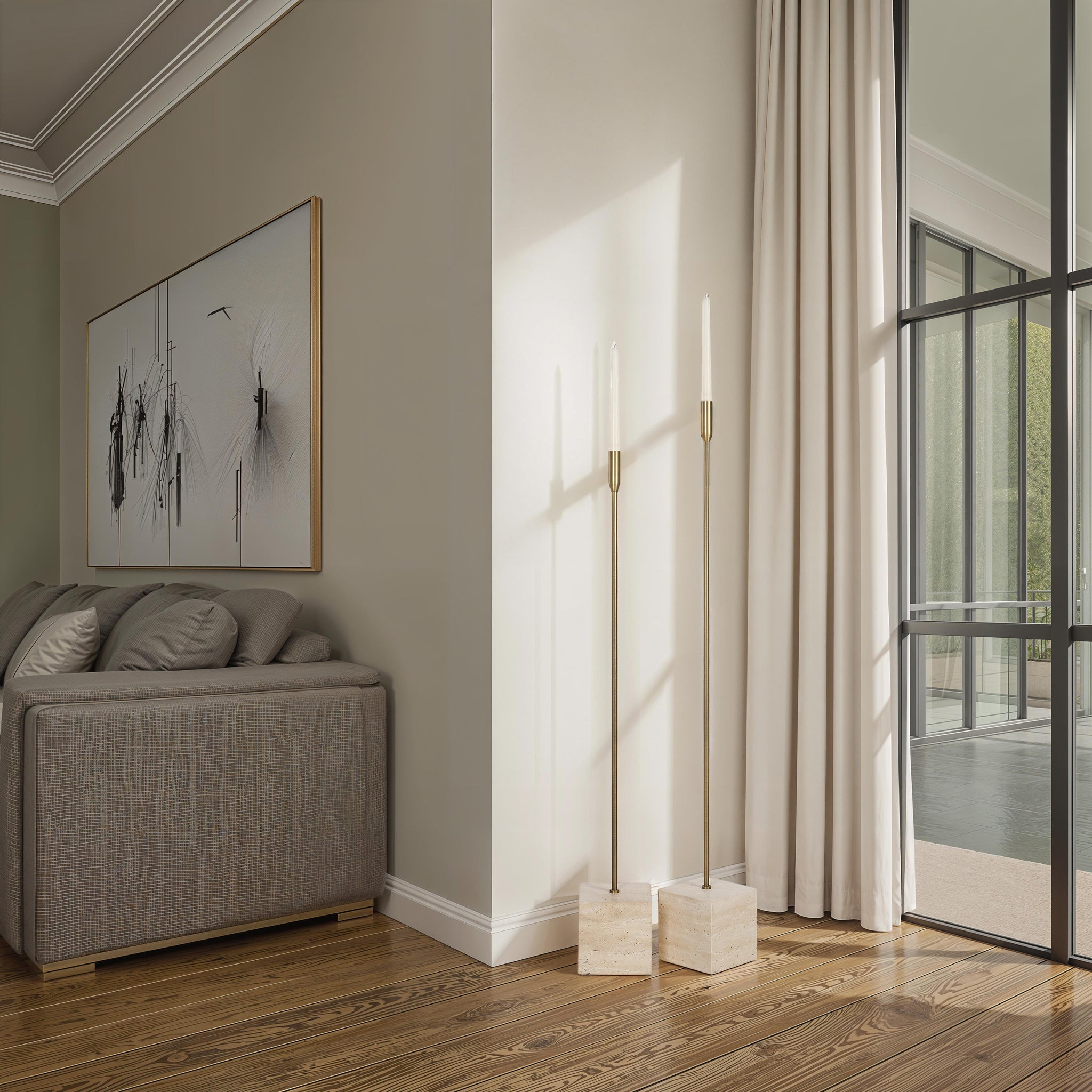 Chambers candle holders styled in a modern living room with natural light