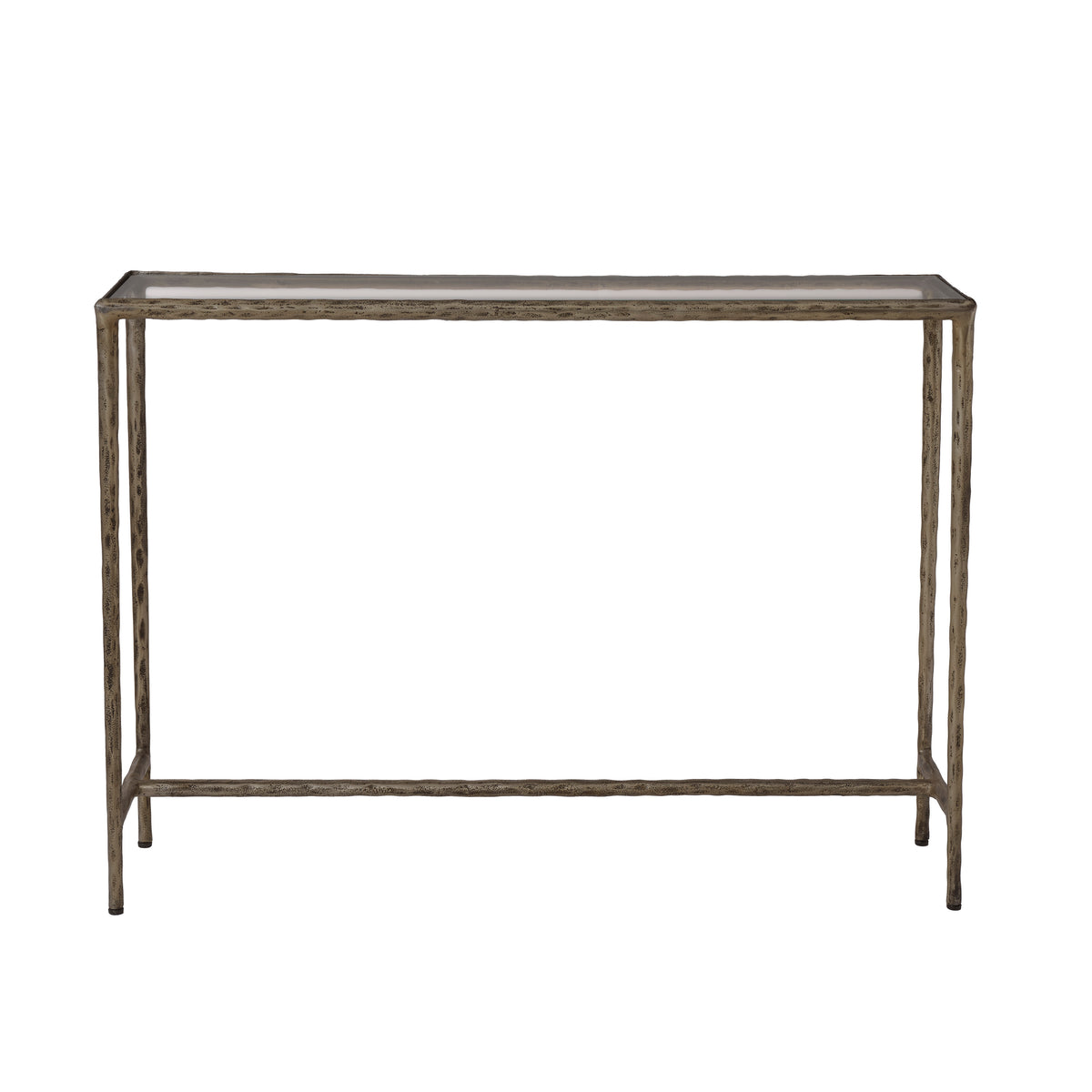Nara console table with a glass top and textured metal frame in a silver finish.