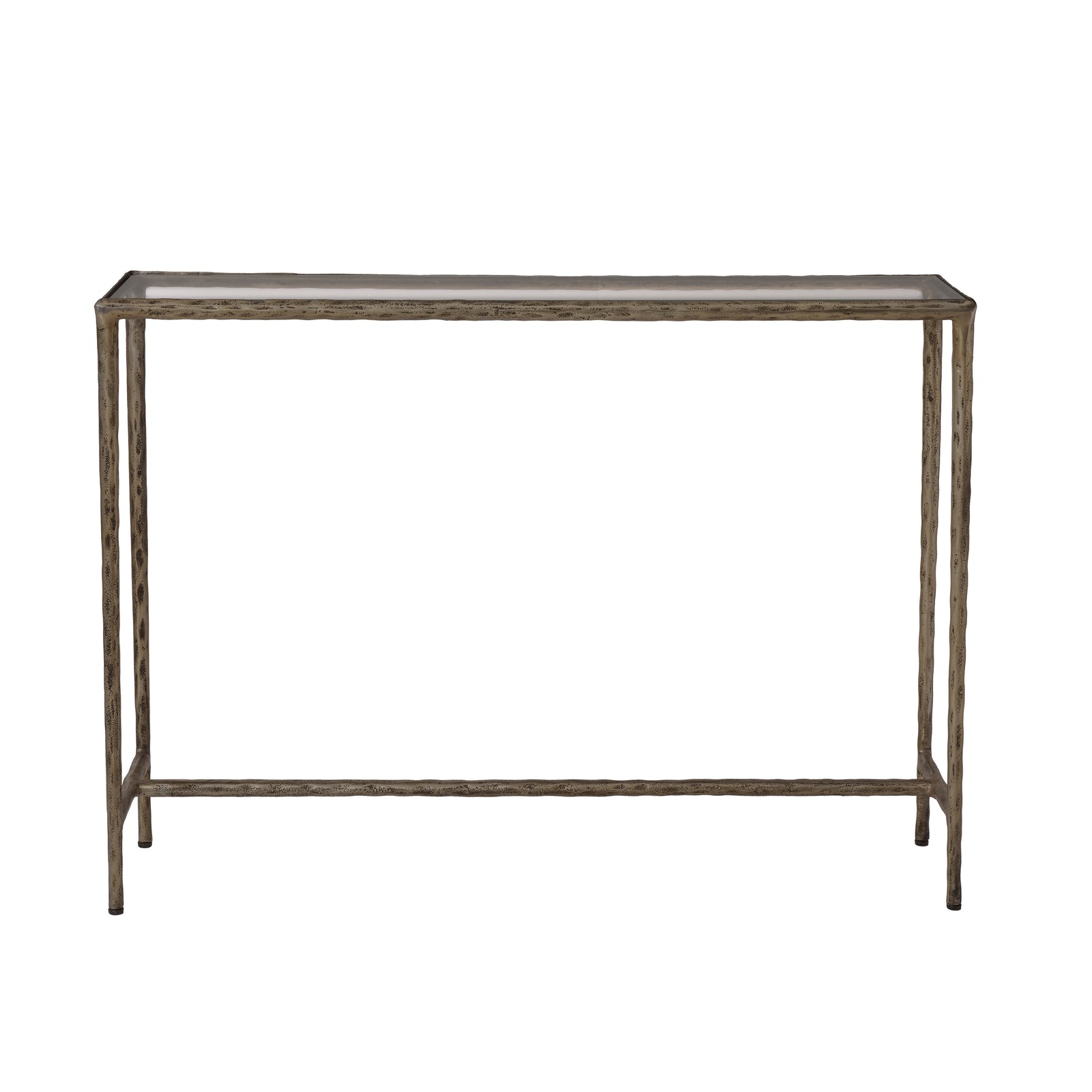 Nara console table with a glass top and textured metal frame in a silver finish.