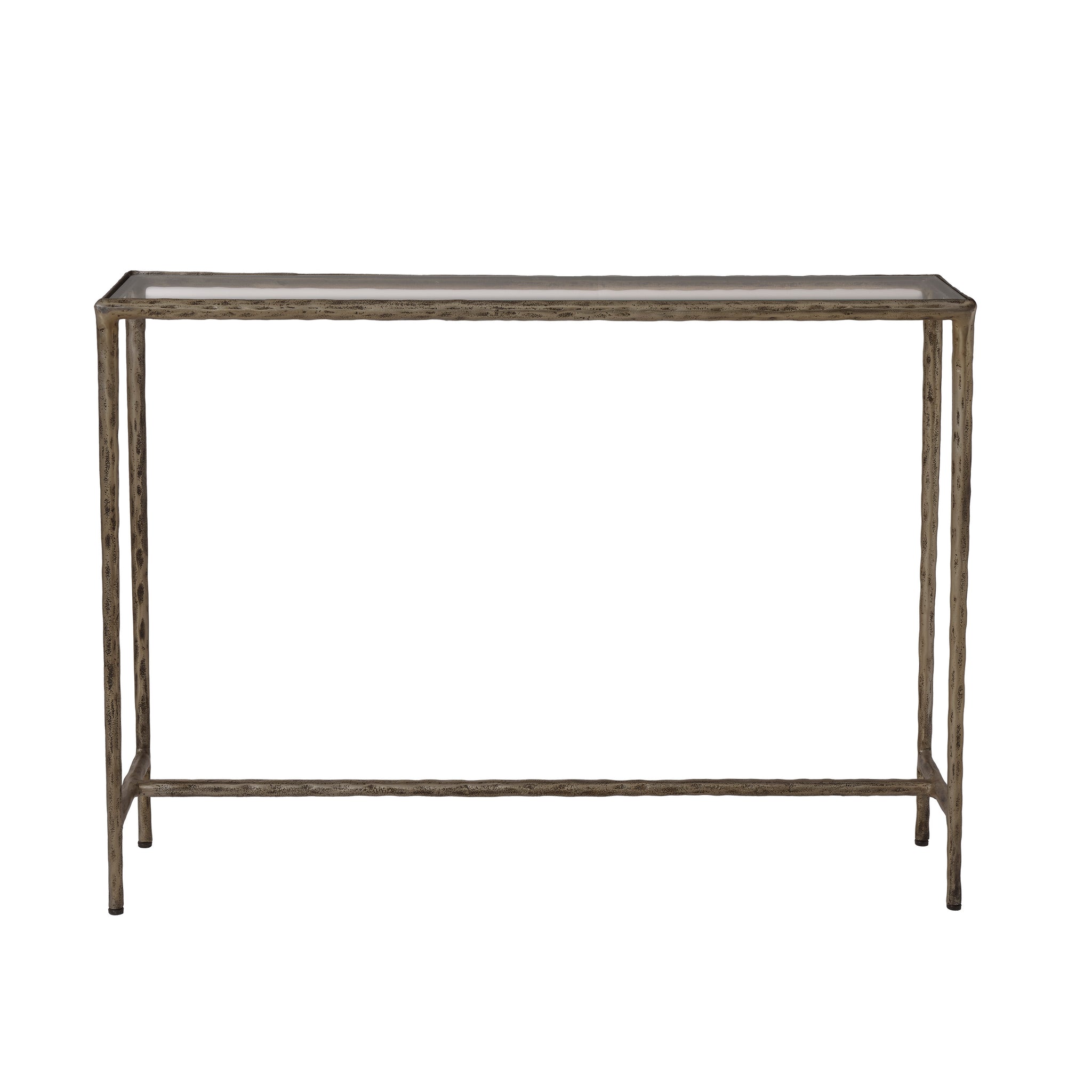 Nara console table with a glass top and textured metal frame in a silver finish.