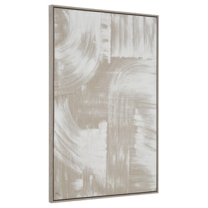 Quatro canvas art displayed at an angle, showcasing beige and white abstract brush strokes.