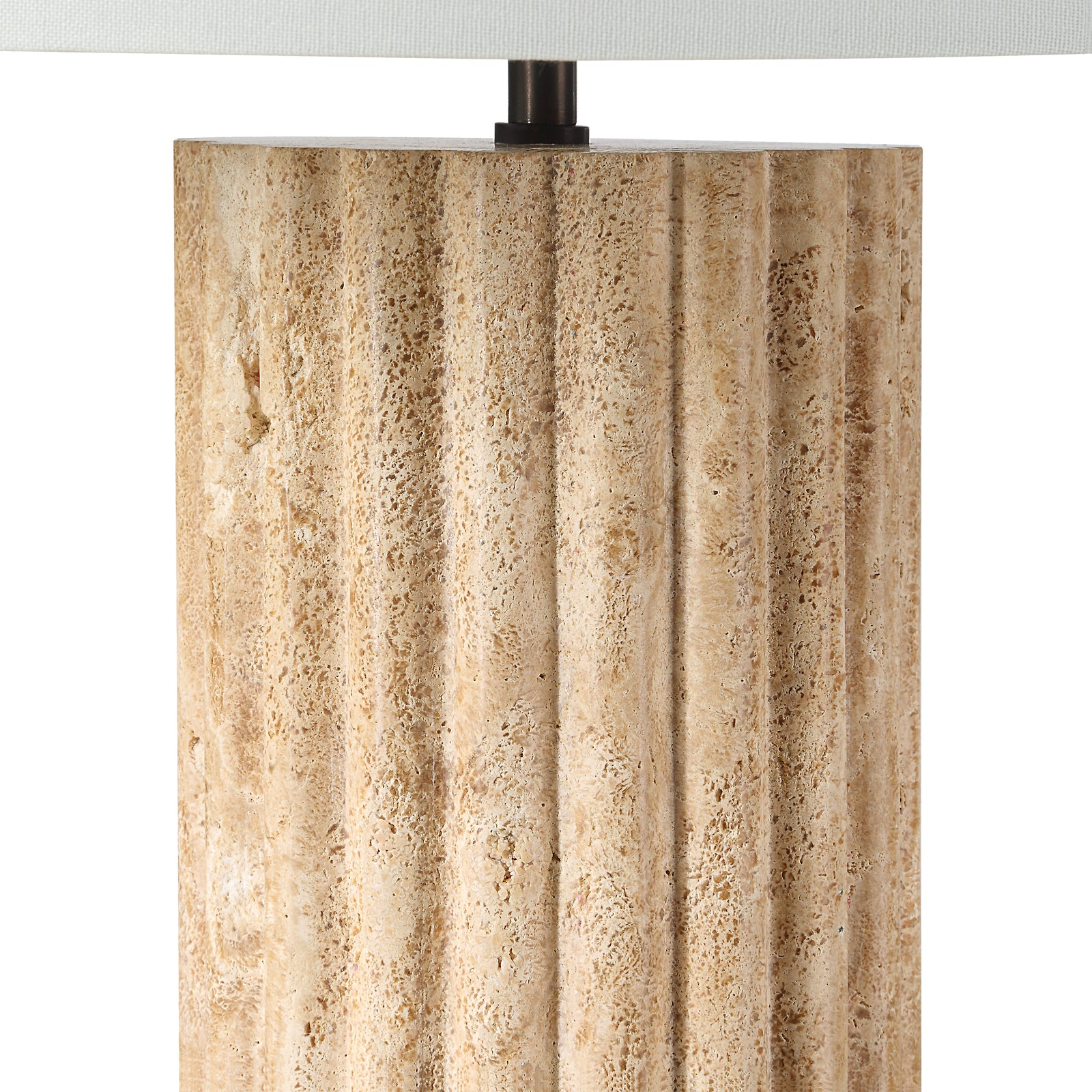 Milena Table Lamp with a textured beige base and a white fabric shade