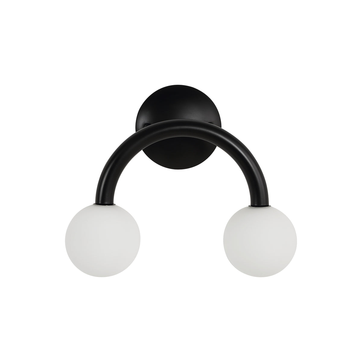 Santo wall sconce with two white globes and a black curved arm