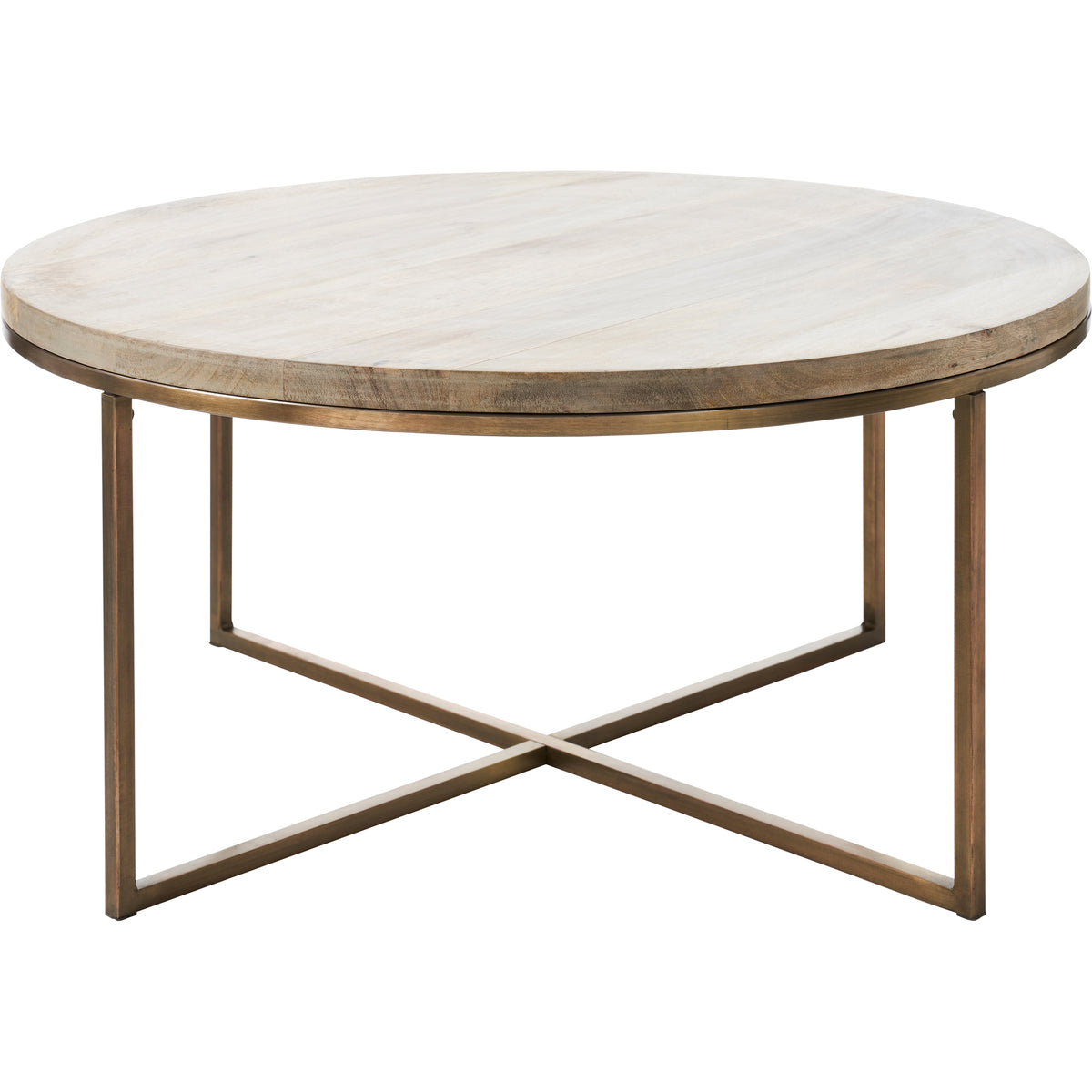 Liana Table with a round wooden top and bronze metal legs, viewed from the side.