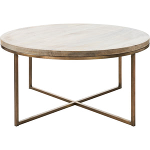 Liana Table with a round wooden top and bronze metal legs, viewed from the side.
