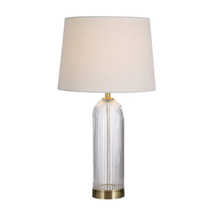 Ocala Table Lamp with clear ribbed glass base and cream fabric shade