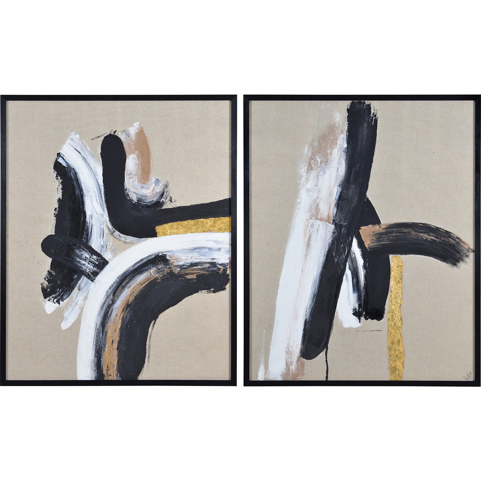 Ilya Canvas Art featuring abstract black, white, and gold strokes on beige canvas.