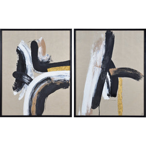 Ilya Canvas Art featuring abstract black, white, and gold strokes on beige canvas.