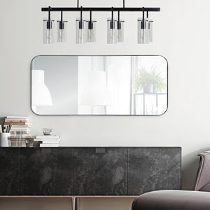 Delphinus Wall Mirror mounted above a dark cabinet, featuring a rectangular shape and modern lighting.