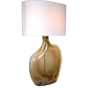 Benedek Table Lamp featuring a curved gold glass base and a white shade