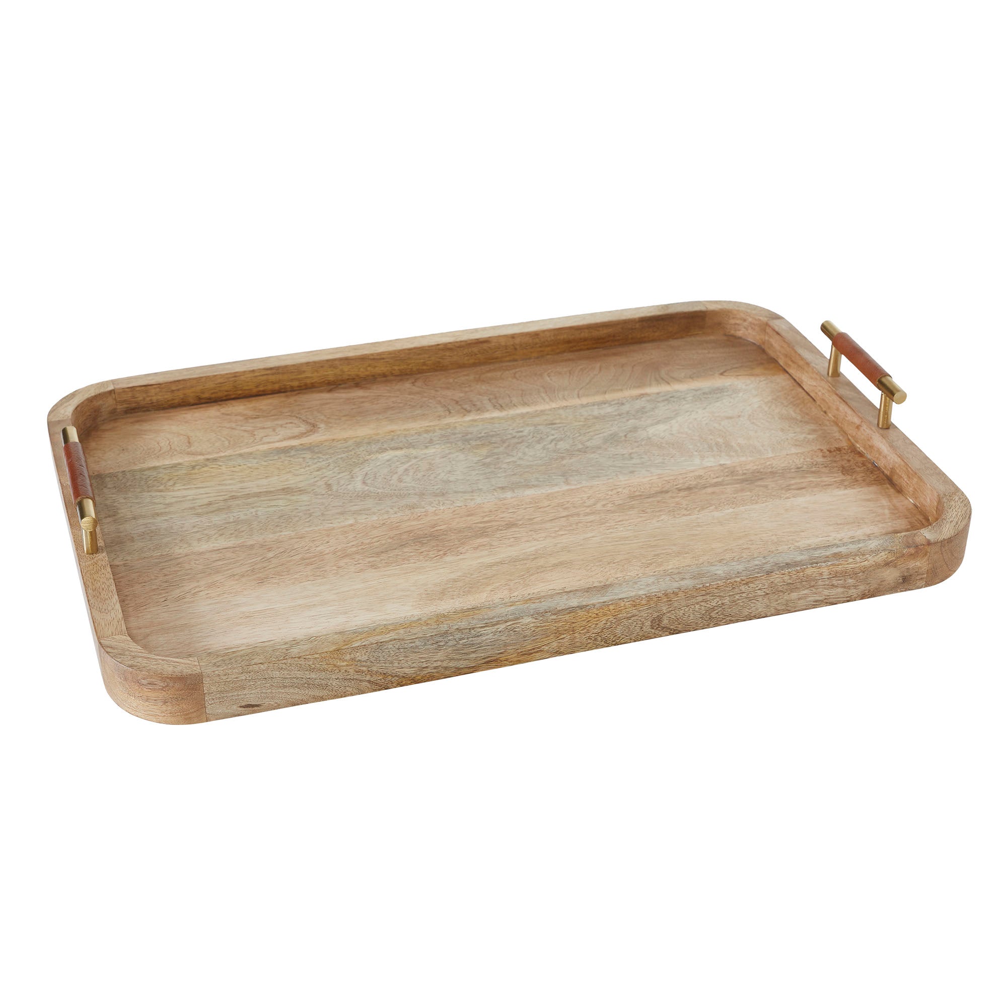 Mango Tray by Renwil, wooden tray with natural finish and handles, angled view.