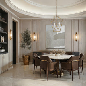 Versailles pendant light illuminating a modern dining area with elegant decor.