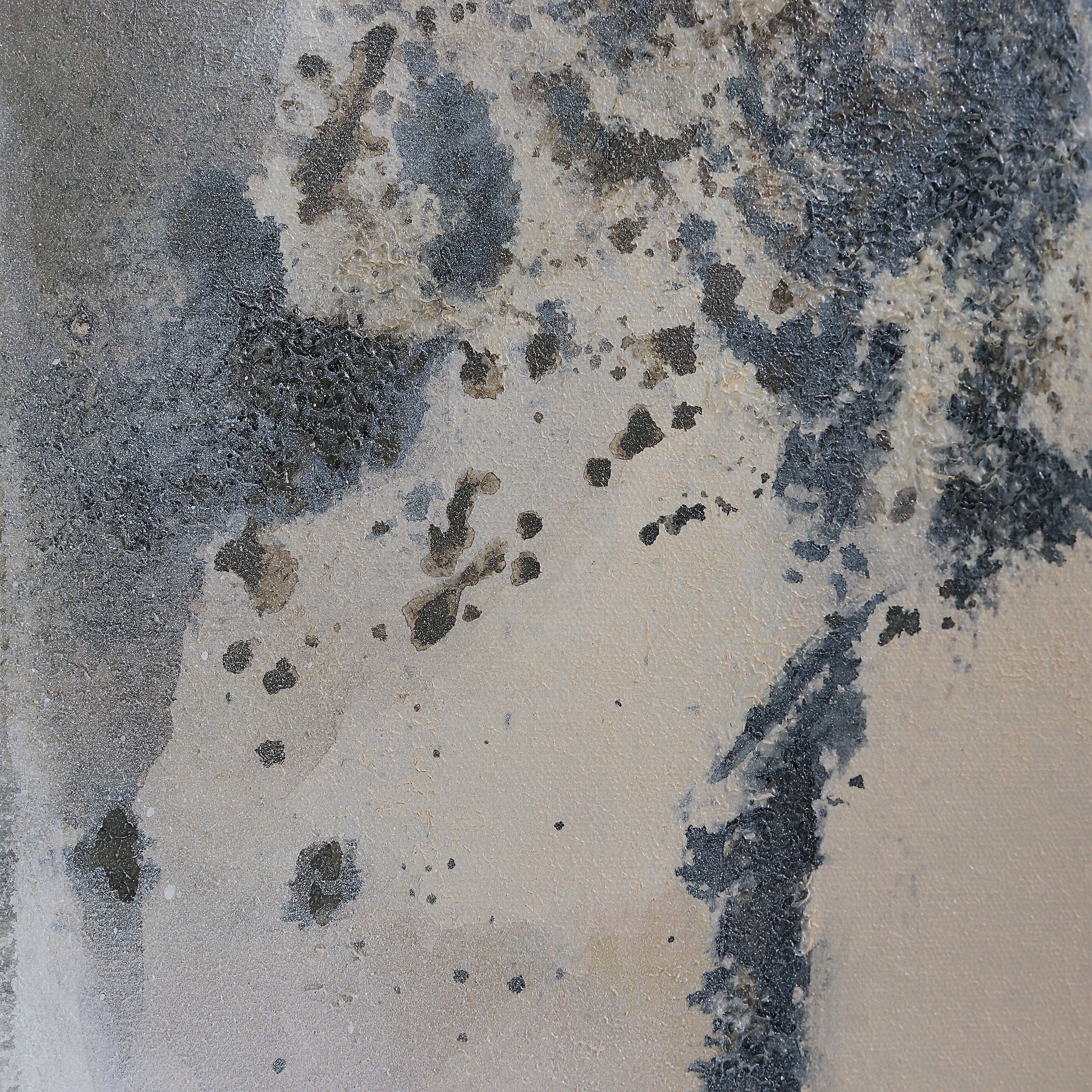 Close-up of Ceiba canvas art, highlighting textured gray and beige abstract patterns