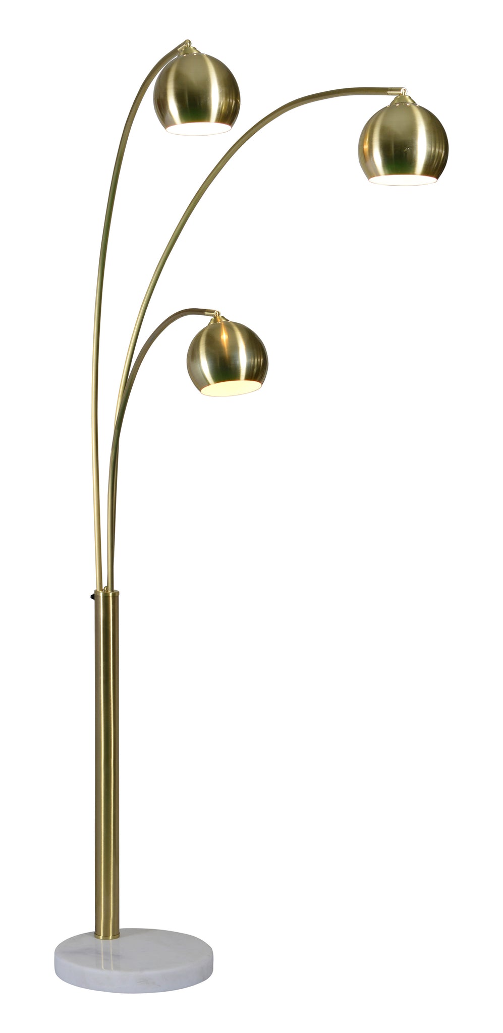 Dorset Floor Lamp featuring three brass globes and a sturdy white marble base, stylish arching arms