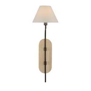 Acca wall sconce featuring a cream fabric shade, bronze metal arm, and a textured beige stone backplate.