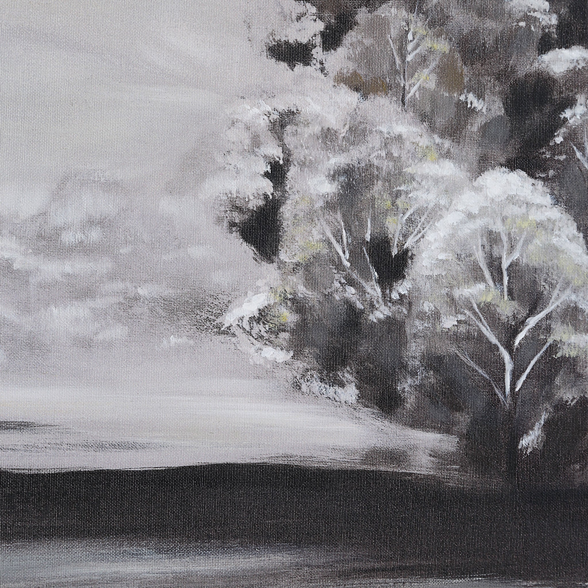 Close-up of Sweeney canvas art highlighting trees in a monochromatic landscape.