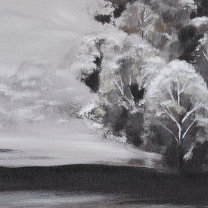 Close-up of Sweeney canvas art highlighting trees in a monochromatic landscape.