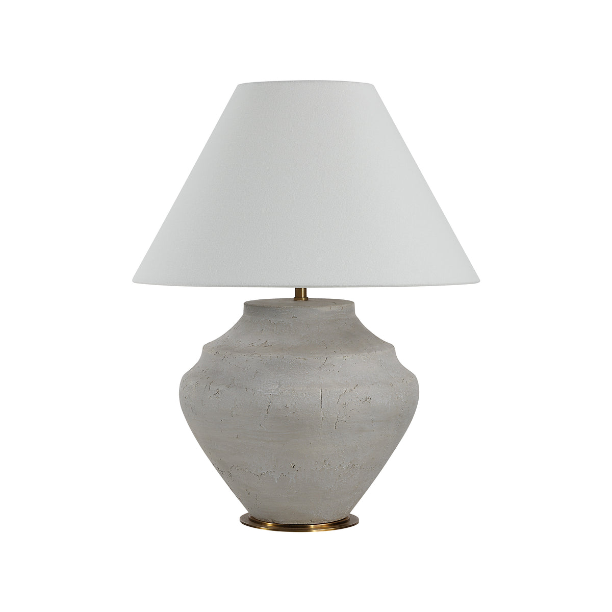 Iulia Table Lamp with a textured gray ceramic base and a white fabric shade