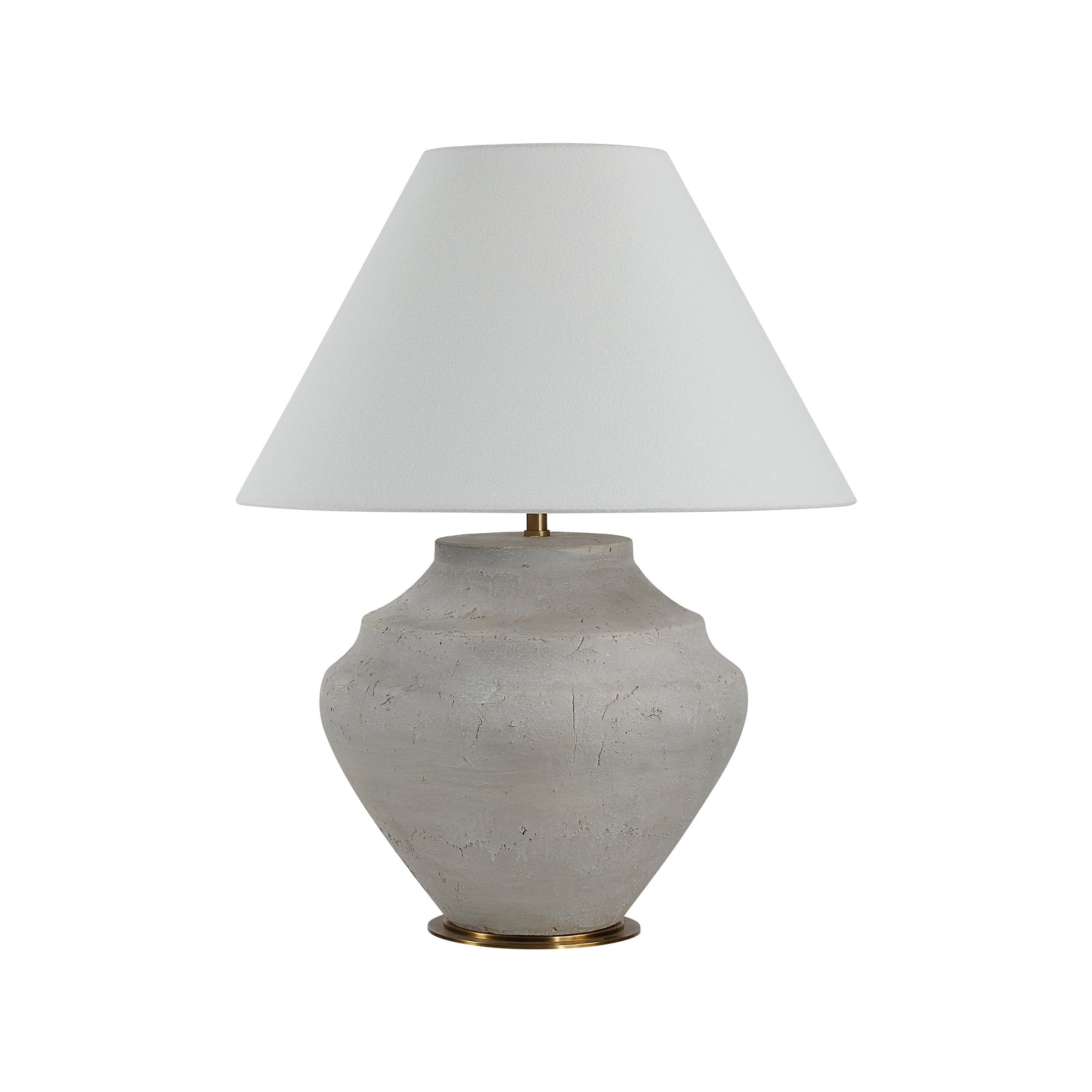 Iulia Table Lamp with a textured gray ceramic base and a white fabric shade