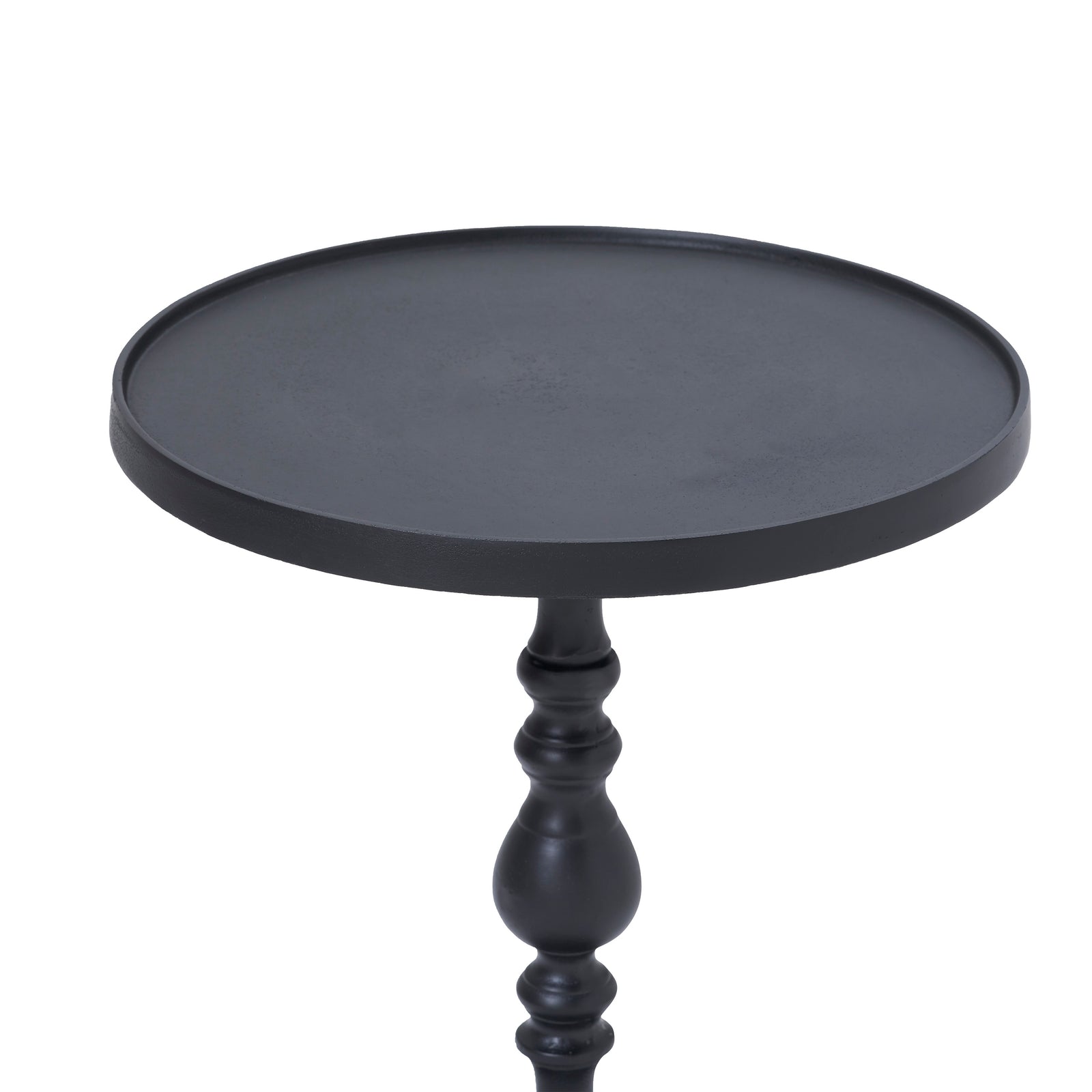Yates Side Table in black with a round top and decorative base