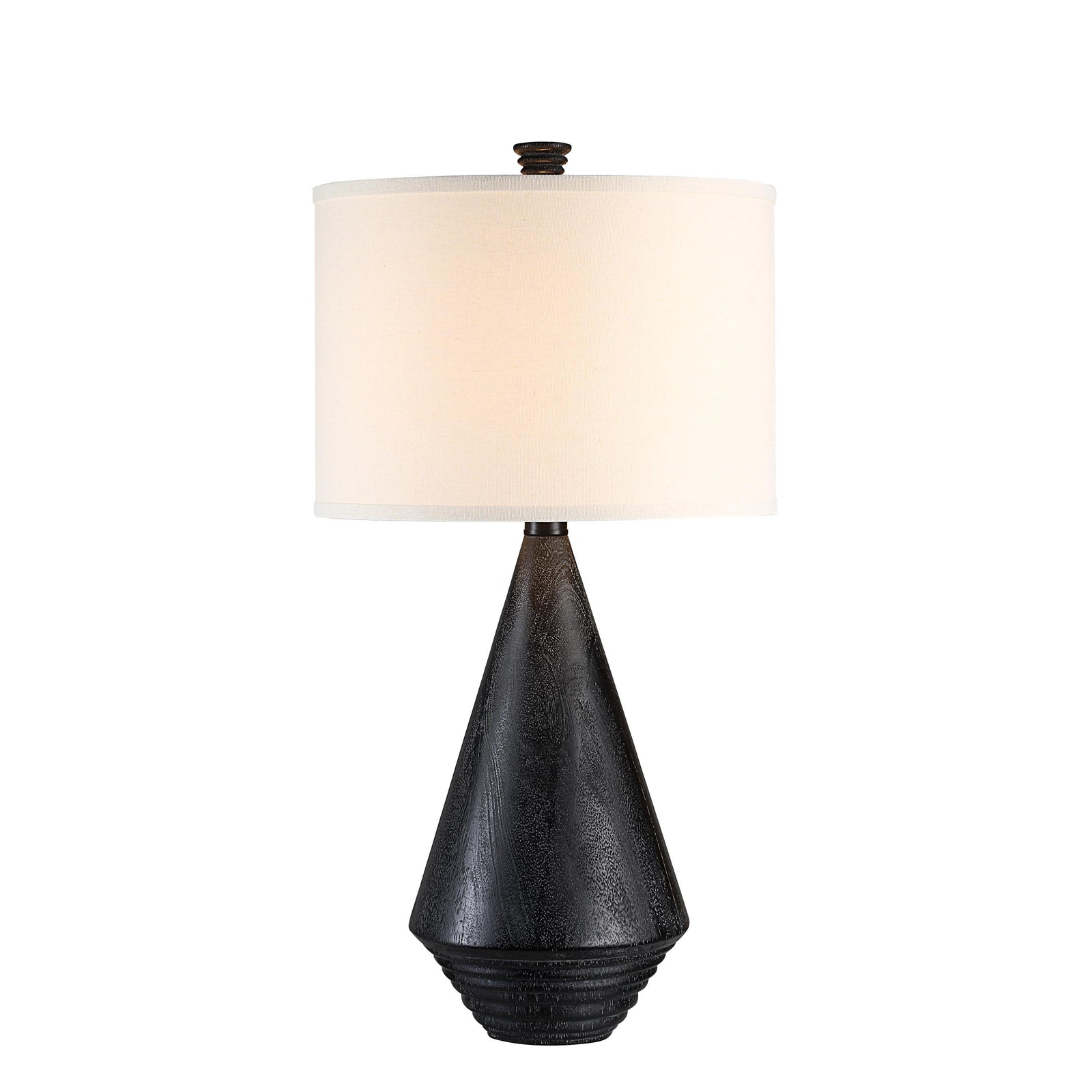 Tortora Table Lamp with a black textured base and white fabric shade, side view.