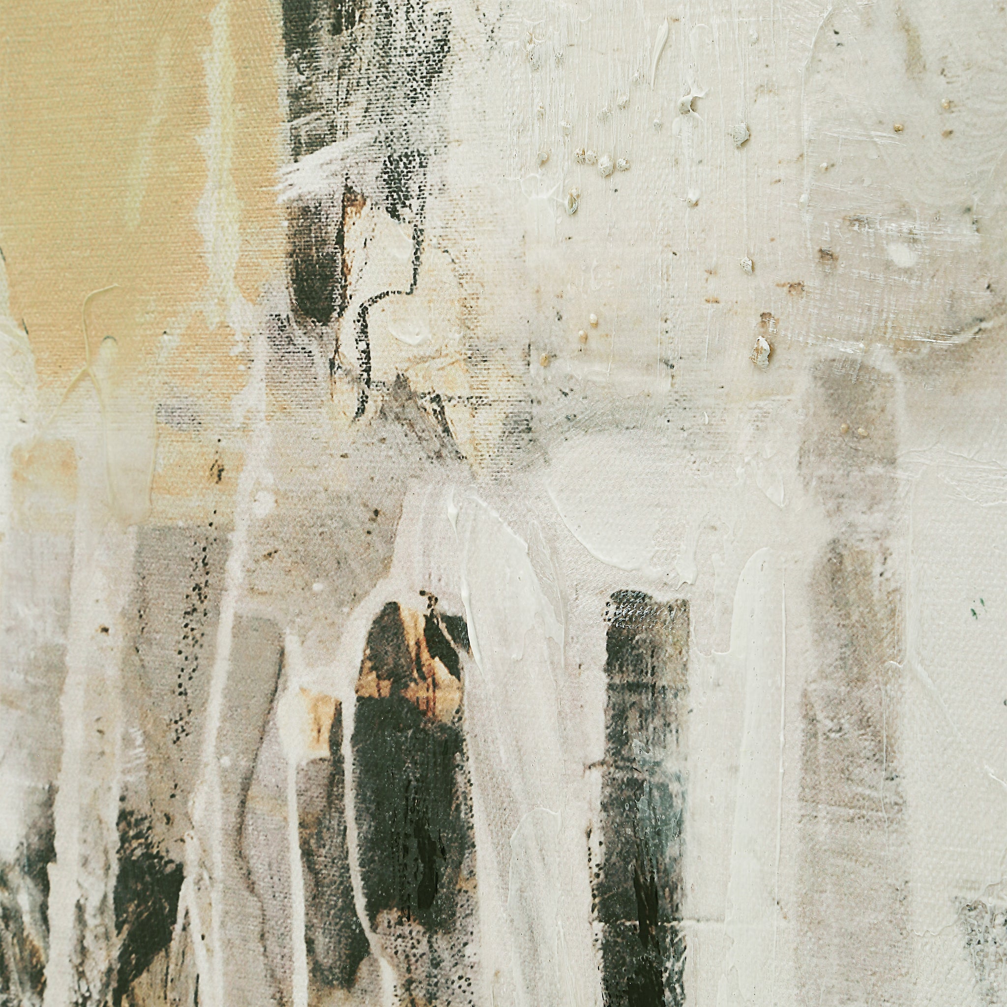 Close-up of Oriel canvas art highlighting textured brush strokes in muted colors
