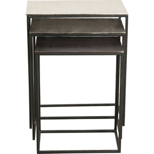 Manisa Table by Renwil, three nesting tables viewed from the front, showcasing metallic surfaces.