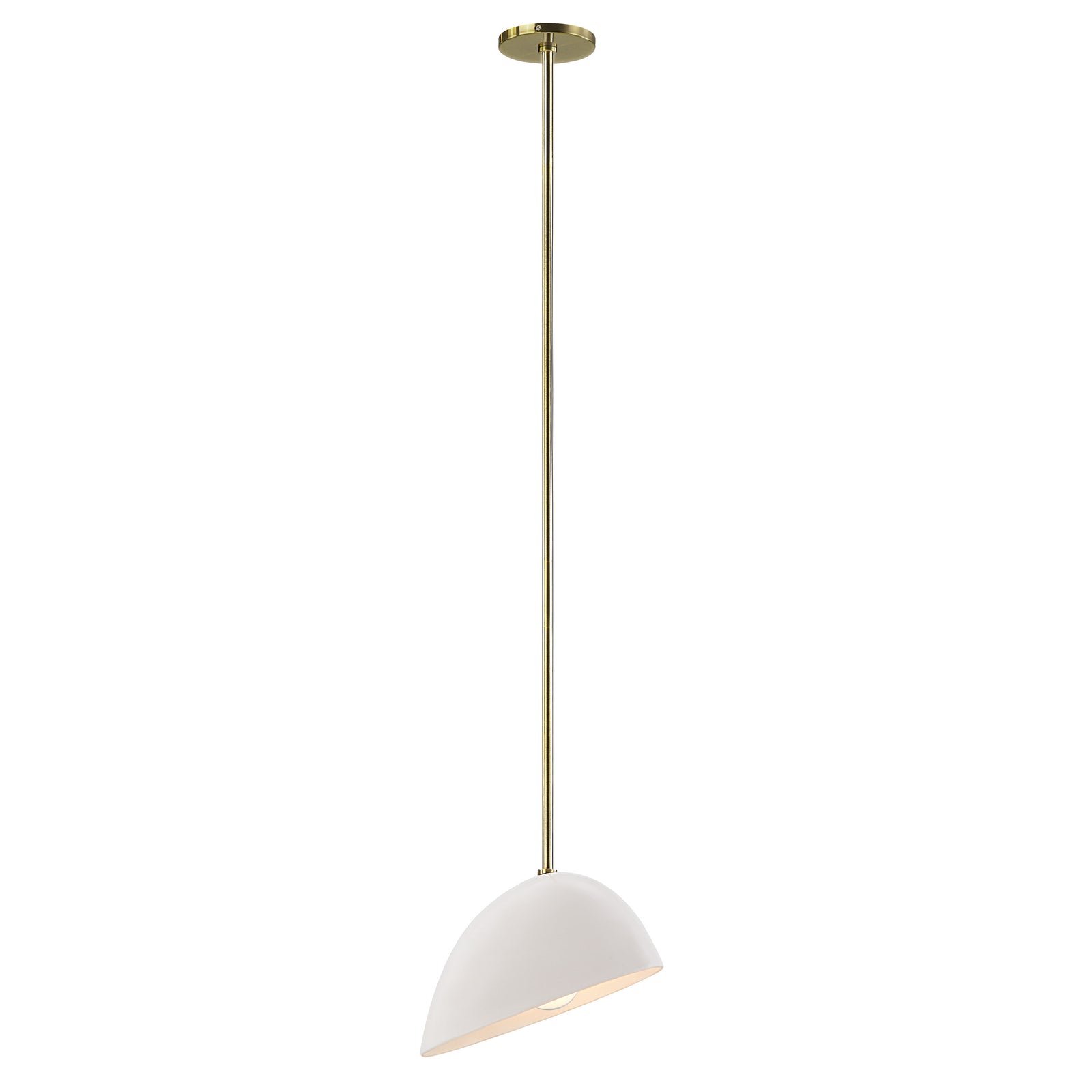 Corio Ceiling Fixture with a white dome shade and brass rod, hanging from a ceiling.