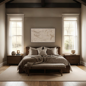 Trofa canvas art hung above a bed in a cozy bedroom, featuring neutral tones and natural light.