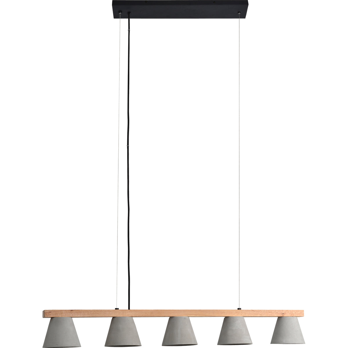 Zain Ceiling Fixture with four gray concrete shades and a wooden beam, hanging from a black mount.