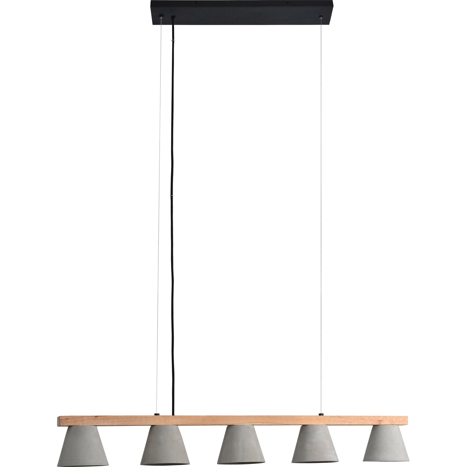 Zain Ceiling Fixture with four gray concrete shades and a wooden beam, hanging from a black mount.