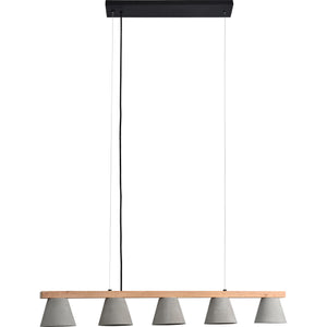Zain Ceiling Fixture with four gray concrete shades and a wooden beam, hanging from a black mount.