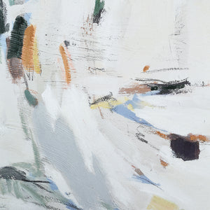 Detailed view of Cinta canvas art, focusing on abstract brush strokes in various colors.