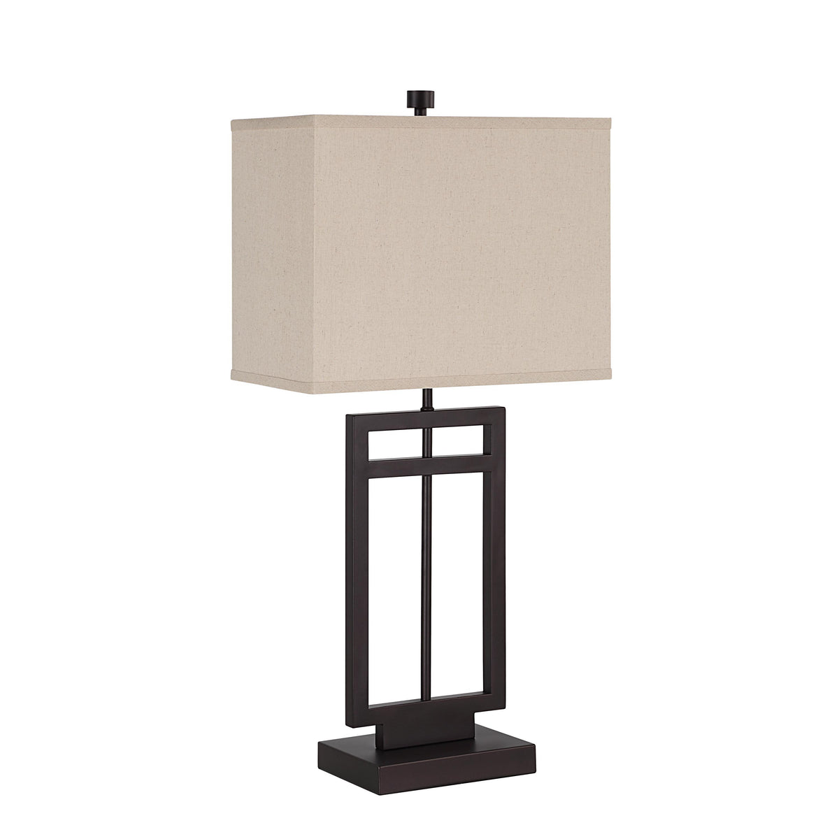 Sendai table lamp with a beige fabric shade and dark metal base, showcasing a geometric design.