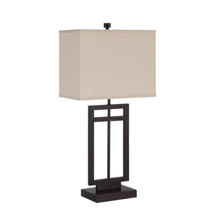 Sendai table lamp with a beige fabric shade and dark metal base, showcasing a geometric design.