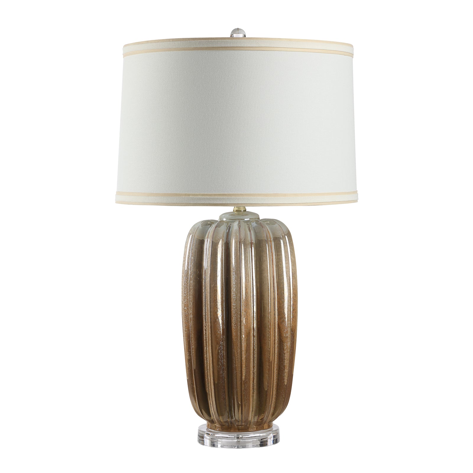 Lumeo table lamp with a ribbed glass base in brown and a white fabric shade.