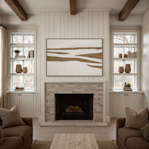 Muralis canvas art displayed above a fireplace in a modern living room setting.