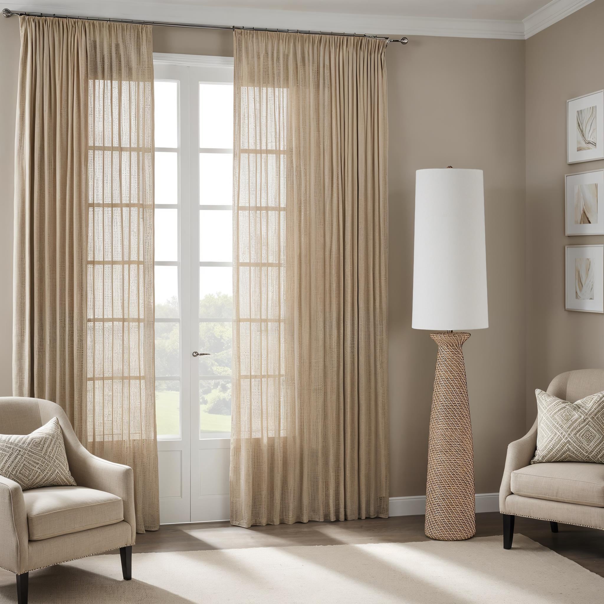 Nathalie floor lamp in a living room setting, paired with beige curtains and a cozy armchair.