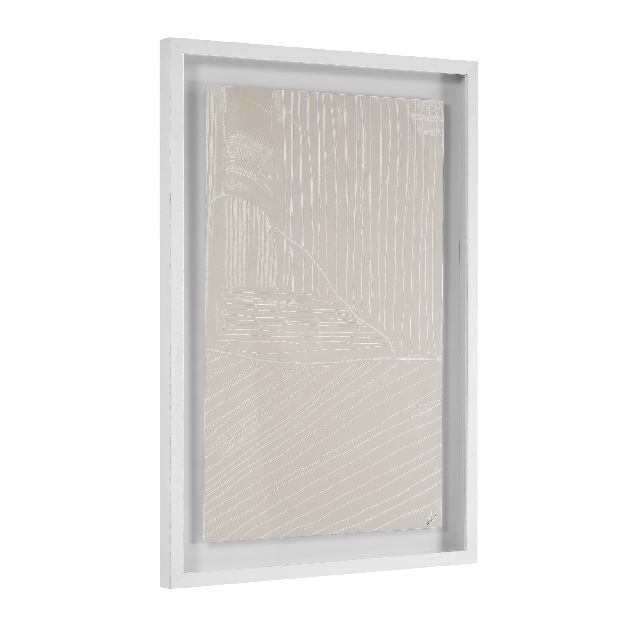 Marlon wall art featuring a beige abstract design with white lines, framed in white.